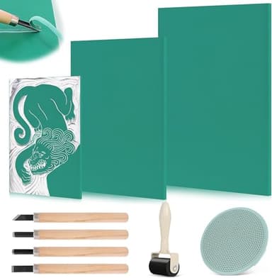 BSTDAYEVER Blocs de Sculpture en Caoutchouc A4 A5 A6 Kit Linogravure Plaque Gomme a Graver 9pcs Plaque Caoutchouc Souple à Graver Sûrs Tampon Gravure pour la Gravure et DIY Impression en Relief