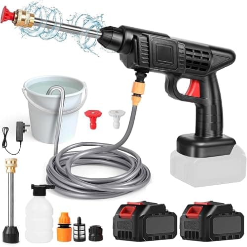 Nettoyeur Haute Pression sans Fil 30Bar, Nettoyeur Haute Pression sur Batterie 6000mAh, avec Chargeur et Tuyau de 5M, 435 PSI Pistolet à Eau Haute Pression pour Jardin et Voiture (2× Batteries)