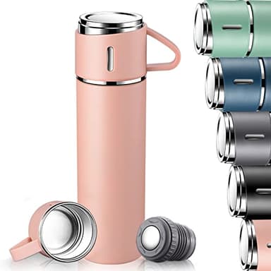 Bouteille Isotherme 500ml, Gourde Isotherme Etanche avec Tasse et Couvercle, Mug Isotherme Cafe en acier Inoxydable pour Café et Thé, Gourde Enfant Isotherme pour Travail, Ecole, Randonnée (Rose)