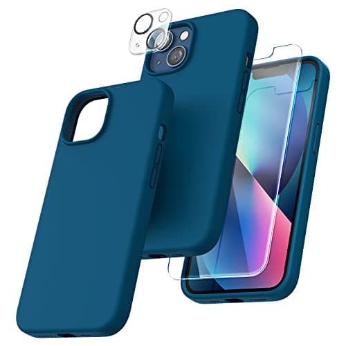 TOCOL 5-en-1 Coque pour iPhone 13 Kit, avec 2 Verre Trempé + 2 Protecteur Caméra Arrière, Coque en Silicone Liquide pour iPhone 13 6.1"[Antichoc] [Anti-Rayures], Bleu Minuit