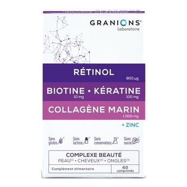 GRANIONS COLLAGENE MARIN | RETINOL + BIOTINE + KERATINE + ZINC - Collagene Complexe Beauté - Collagene pour Cheveux, Peau, Ongles- Collagene Marin Retinol + Vitamine B6, 60 comprimés -Marque Française