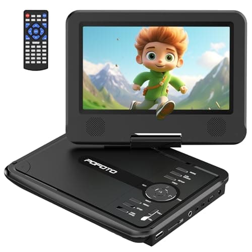 POFOTO Lecteur DVD Portable 9,5" avec écran pivotant HD 7,5" pour Voiture et Enfants, Autonomie 4-6 Heures, Support Multiformat Disques/SD/USB, Synchro TV, Deux Haut-parleurs, avec Chargeur Voiture