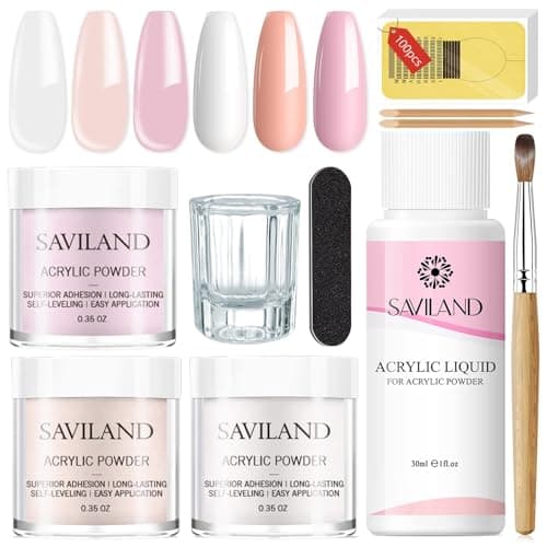 Saviland Kit Complet Acrylique Ongles, Super Fine Poudre Acrylique Clair Nudes Rose, Resine Ongle Poudre avec Liquide Acry, Pinceau, Chablon et Verre Professional
