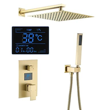 ESOP Colonne de Douche Dorée Brossé Ensemble de Douche Encastrable Système de Douche Mural Colonne Douche avec Affichage Numérique, 30 cm * 30 cm Tête de Douche, Douchette à Mains