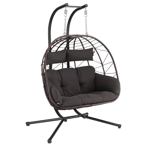 HinHocker Fauteil hamac pour 2 Personnes avec châssis | Marron | Balançoire Suspendue XXL pour l’intérieur,l’Exterieur, terrasse | Fauteuil 2 Places en Osier, Fauteuil Suspendu en Oeuf