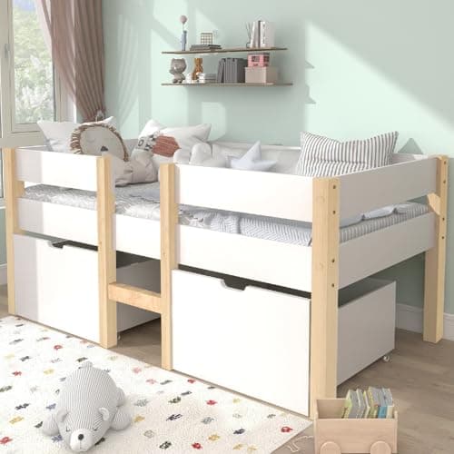 PUGSDRLY Lit d'enfant 90x190cm,Lit mi Hauteur avec Clôture de Sécurité et 2 Grands Tiroirs de Rangement,Cadre de Lit avec Sommier à Lattes en Bois,Lit Mezzanine Enfant(sans Matelas) (90x190-B)
