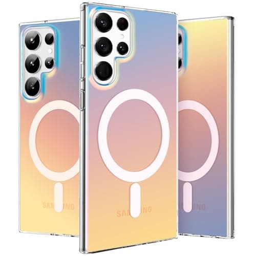 Magnétique Coque pour Samsung Galaxy S22 Ultra 5G, Compatible avec MagSafe Étui Protection Anti Rayures Antichoc Housse Téléphone Mate Translucide Holographique Irisée Case Givrée, coucher de soleil