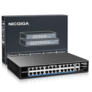Commutateur PoE 24 port non géré, 24 port PoE+@400W, 2 port de liaison montante Gigabit, commutateur réseau Power Over Ethernet NICGIGA 26 port, mode VLAN, extension de 250m, montage en rack 19 pouces