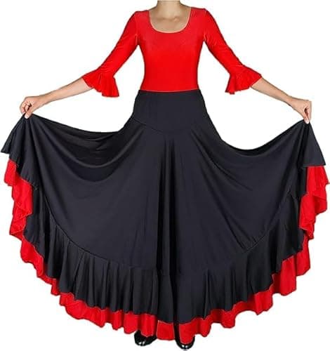 Jupe de Danse Flamenco Andalouse Noir et Rouge (FR/ES, Alpha/Lettres, M, Taille Normale, Taille Normale, Noir)