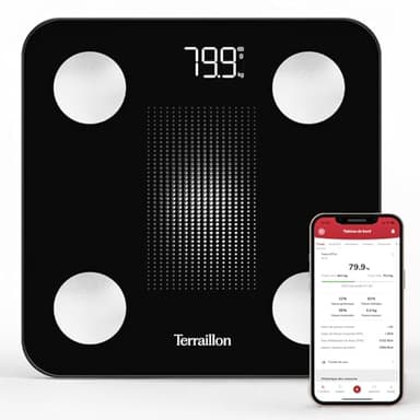 TERRAILLON - WEIGHT CONNECT - Balance connectée Bluetooth, Analyse des masses graisseuse, musculaire, hydrique et osseuse, IMC, Capacité 180 kg, Graduation 50g, Ecran LED, Plateau verre, Sérigraphié