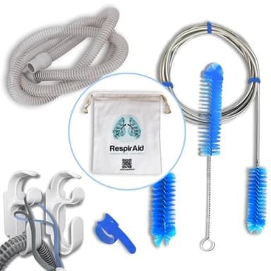 Kit Premium de Nettoyage CPAP RESPIRAID – Tuyau 19 mm inclus + brosses masques, brosses tuyau, velcros, crochets muraux, sac de rangement – Compatible avec toutes les machines CPAP et masques CPAP.