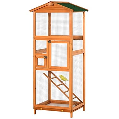 PawHut Cage à Oiseaux volière en Bois Massif Grande Taille 2 Portes Toit Asphalte tiroir Amovible - 68 x 63 x 165 cm Orange