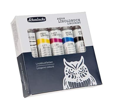 Schmincke - aqua-LINOGRAVURE, set d'impression linoléum avec 5 tubes en 20 ml, 82 005 097, les encres extra-fines pour linoléum, contours nets, impression régulière, couleurs brillantes, meilleure résistance à la lumière.