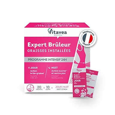 VITAVEA BIEN-ETRE - Préparation minceur Expert Brûleur graisses installées et Ventre plat - Programme Intensif 24h Jour / Nuit - Guarana Menthe poivrée Chrome - 20 sachets - Fabriqué en France