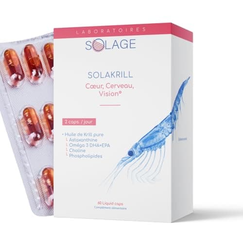 OMEGA-3 100% Huile de KRILL pure - Plus efficace que l’Huile de Poissons - 60 Capsules Licaps Sans Odeur SOLAKRILL- EPA DHA Astaxanthine Choline Vitamine A B – Fabriquée en France -Laboratoires SOLAGE