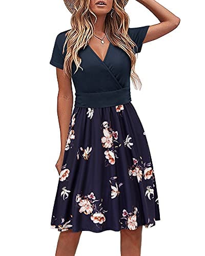 STYLEWORD Robe d'été à Manches Courtes pour Femme Robe d'été à col en V Floral Wrap Taille Robe décontractée avec Poches(floral05,L)