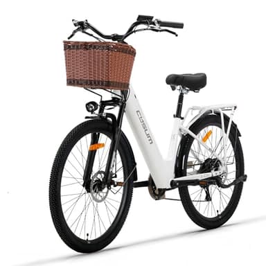 cysum X-City Vélo électrique Femme, 26 Pouces Step-Thru vélo électrique, Batterie Amovible 48v 10.4AH, Urbain E-Bike pour Adultes, Assistance au pédalage, 7 Vitesses (Blanc avec Panier Marron)