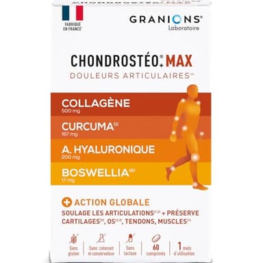 GRANIONS CHONDROSTEO+ MAX - Collagene Marin + Acide Hyaluronique + Curcuma + Cuivre + Curcuma + Bromelaine + Vitamine D3 - Collagene Douleurs Articulaires - 60 Comprimés 1 mois Fabriqué en FRANCE