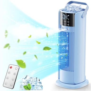 Climatiseur Portable 3 en 1 avec Brumisation - Climatiseurs Mobile Silencieux, 4 Vitesses, 2 Têtes de Pulvérisation, 700ml Réservoir, Télécommande, Oscillation 90°, Faible Consommation (Bleu)