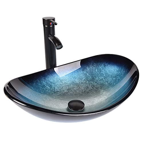 YU YUSING Lavabo Ovale en Verre avec Robinet, Vasque à Poser, Lave-Mains, pour Salle de Bain, Cuisine, WC d'invités, Bleu Moderne, 53 x 35 x 16 cm