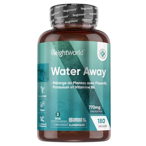 Retention d'Eau Drainant Puissant & Naturel-180 Gélules Vegan (3 Mois) - Diurétique Avec 11 Ingrédients : Pissenlit, Thé Vert, Vinaigre de Cidre, Potassium, Vitamine B6, Canneberge - Water Away Detox