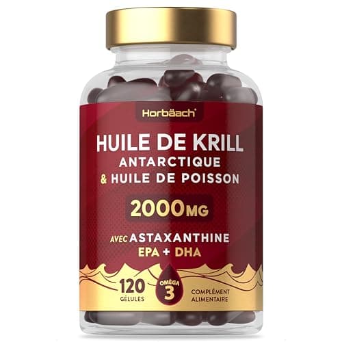 Huile de Krill 2000mg avec Astaxanthine et Phospholipides | 120 Gélules | Acides Gras Oméga 3 avec EPA et DHA | Complément Alimentaire Huile de Poisson | Antarctic Krill Oil Supplement | by Horbaach