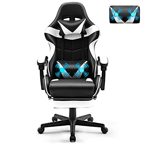 Soontrans Chaise Gaming Racing Chaise Gaming Massante, Siege Gaming avec Soutien Lombaire Massage et Appui-tête, Dossier Haut, Fauteuil Gaming Pivotant pour Youtube Livestream Playstation (Blanc)