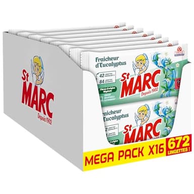 St Marc Lingettes Désinfectantes et Compostables à l'Huile Essentielle d'Eucalyptus - Lot de 16-672 Lingettes Nettoyantes