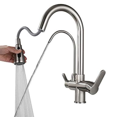 Robinet de Cuisine Douchette 3 Voies en Laiton - Eau Potable, Chaude et Froide - 2 Poignées, Bec Pivotant, Filtre à Eau - Nickel Brossé - Évier Mitigeur
