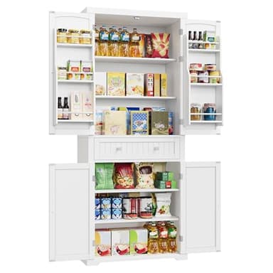 VASAGLE Buffet Haut Cuisine, Meuble de Rangement, Armoire, Vaisselier, Hauteur 182,1 cm, avec Tiroir, Placards, Étagères Réglables, pour Salon, Cuisine, Blanc BBC561W21