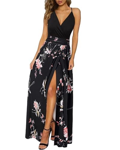 Newshows Femmes Eté Profond Décolleté en V Loisirs Robe Spaghetti Imprimé Fleur Split Maxi pour la fête de Plage (Floral 26,M)