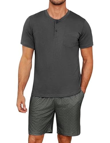 Jahetuul Ensembles de Pyjama Homme à Col Rond Été Pyjama Homme en Coton avec Boutons et Poches à Manches Courtes