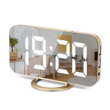 Horloge numérique à grand écran, électrique LED,Surface miroir pour maquillage avec mode d'intensité,3 niveaux de luminosité,Double ports USB,Décoration moderne pour la maison ou la chambre-Doré