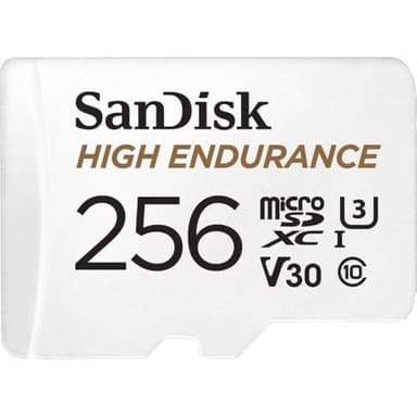 SanDisk 256 Go High Endurance carte microSDXC pour les caméras IP et les caméras embarquées + adaptateur SD jusqu'à 20 000 heures de vidéo Full HD / 4K jusqu'à 100 Mo/s UHS-I Class 10 U3 V30