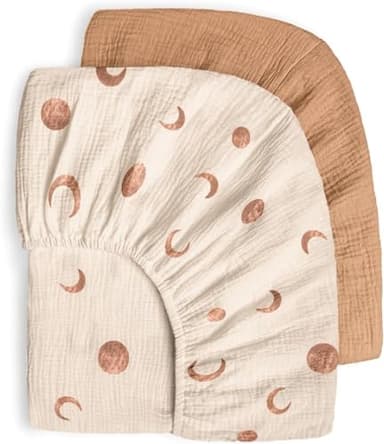 bearmoss Lot de 2 draps-Housses en Mousseline de Coton pour Enfant 60 x 120 cm / 70 x 140 cm 100% Coton pour lit de Voyage, lit d'appoint (Lune Brune)
