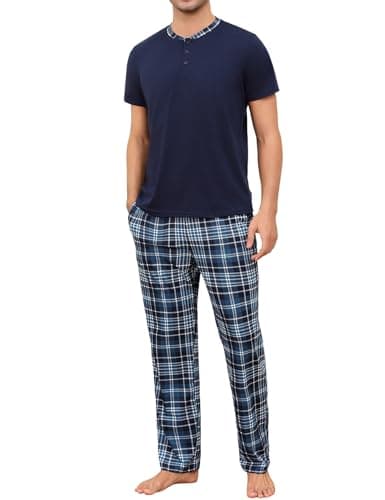 Aseniza Pyjama Homme Coton Ensembles de Pyjama Homme Doux Haut à Manches Courtes Col Rond et Pantalon à Carreaux Long Deux pièces Vêtements de Nuit Confortable Loungewear Bleu Marine M
