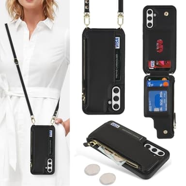 SailorTech Coque pour Samsung Galaxy A54 5G Étui avec Porte-Cartes de crédit, Etui pour Samsung Galaxy A54 5G Housse avec Courroie de Cou Portefeuille avec Fentes pour Cartes de crédit-Noir