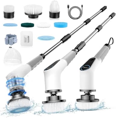 Brosse de Nettoyage électrique Rotative, Brosse de Douche avec 8 Têtes de Brosse Remplaçables, Electric Spin Scrubber avec Manche Extensible, 2 Vitesses Réglables, pour Baignoire, Coulis, Carrelage