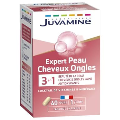 JUVAMINE - Peau Cheveux Ongles - Beauté et Antioxydant - 10 Actifs Beauté - A base de Zinc et Vitamines A, C, E, B1, B2, B3, B5, B6 et B8 - Programme de 40 Jours