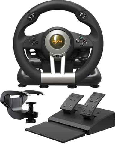 PXN V3 Pro Volant de Jeu avec Pédales - 180°, Retour de Vibration, Levier de Vitesse Intégré, Palettes de Changement de Vitesse - Volant pour PC, PS4, PS3, Xbox et N Switch - Noir