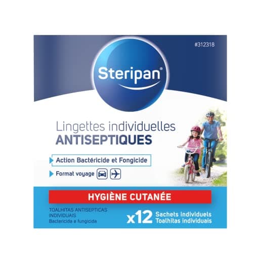 Steripan - Lingettes Individuelles Antiseptiques - Action Bactéricide/Fongicide - Sans Rinçage - x12 Sachets Individuels