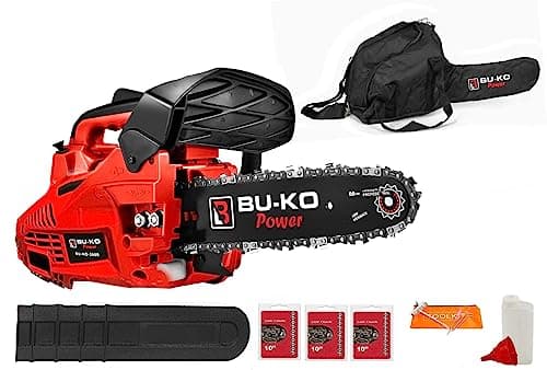 BU-KO Scie à chaîne essence 26 CC, poignée légère | 3 chaînes et barre de 10 "incluses | Housse de protection et équipement de sécurité complet