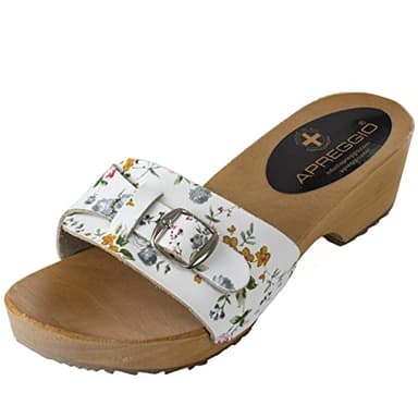 APREGGIO Sabots Femme en Bois – Mules à Talon avec Bride Fleurie Réglable – Confort Anatomique – Chaussures d’Été Mules Sabots - Taille 37 EU