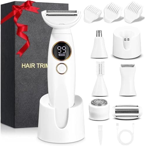 Rasoir Electrique Femme, 5 en 1 Tondeuse Femme Intime, Rasoir Femme Electrique avec Station de USB Rechargeable, Tondeuse Maillot Femme, pour Le Corps, Les Aisselles, Le Bikini, Les Sourcils et Le Nez