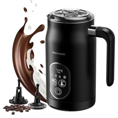 SHARDOR Mousseur à Lait éLectrique，4 Options De TempéRature, Mousseur à Lait 5 Fonctions En 1, 2 Fouets Pour Lait, Chocolat Chaud, Latte, Cappuccinos，Black