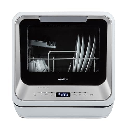 MEDION Mini lave-vaisselle DWT20 (lave-vaisselle de table, lave-vaisselle, 2 couverts, fonctionne avec/sans raccordement à l'eau, 6 programmes de nettoyage, biberons, départ différé, pose libre) argen