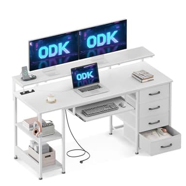 ODK Bureau avec 4 Tiroirs, 140x52cm Bureau d'ordinateur avec Prise de Charge USB et Prise de Courant, Bureaux Gaming Bureaux Informatique avec Étagères Réglable pour Domicile, Blanc