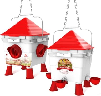 INNOLAND Mangeoire Poules et Abreuvoir Poules Ensemble, 6Kg/8.5L | Abreuvoir Poule Automatique et Mangeoire Poule pour Volailles avec 4 Ports/4 Coupelles Pieds Réglables Chaînes Acier