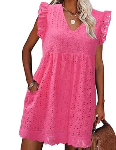 heekpek Robe D'été Femme Robe Courte avec Poches Robe Boheme Chic et Elegant Robe de Plage Col V Robe Short Robes à Manches à Volants, Rose, XL