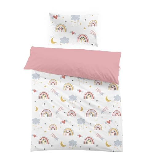 Yasida Housse de Couette 120x150 Enfant Fille Rose Arc-en-Ciel avec Taie d'oreiller 40x60cm Parure de Lit 1 Personne en Microfibre Multicolore 3D Motif Imprimé Etoile Lune Cadeau Garçon Fête